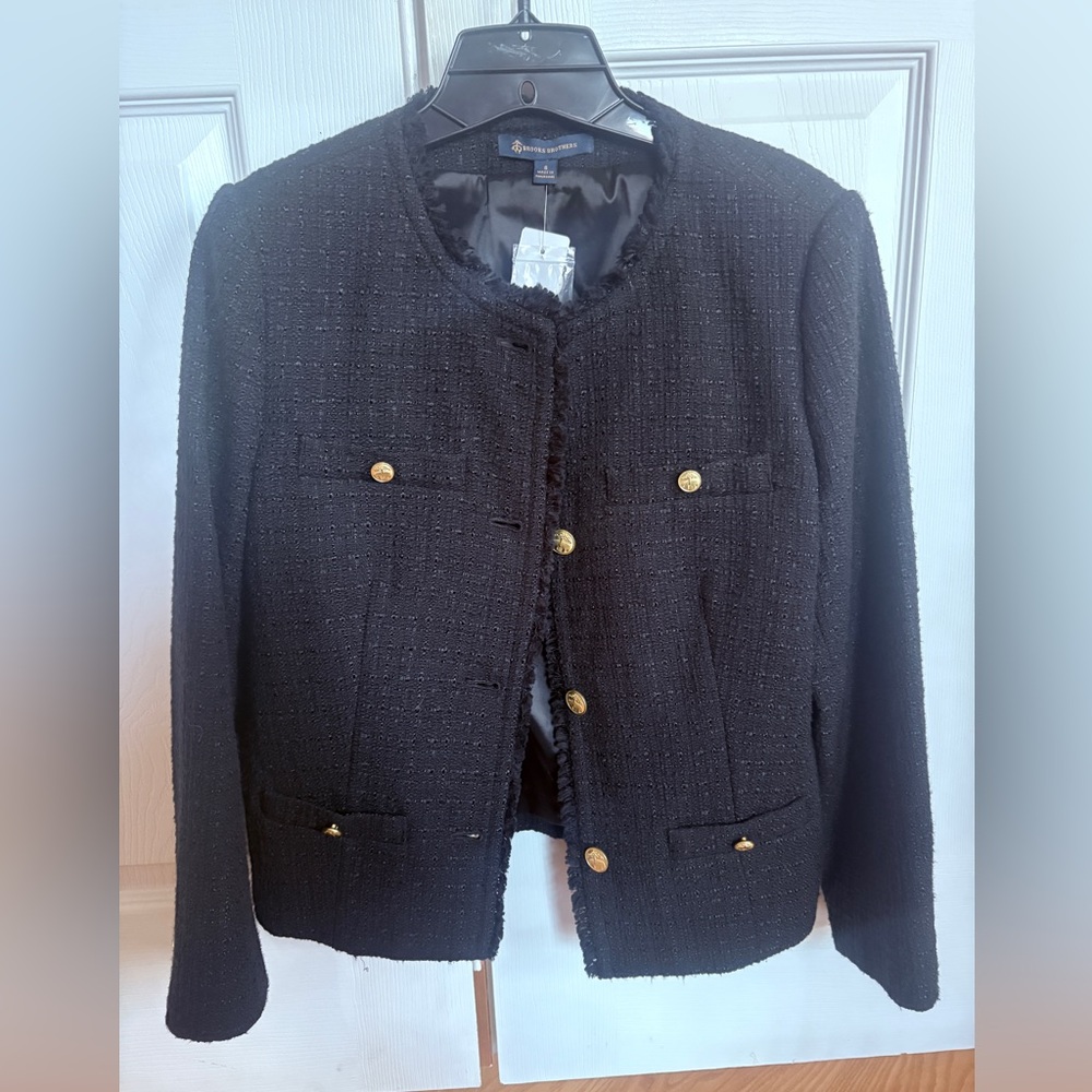 NWT Brooks Brothers black tweed collarless jacket blazer, size 8